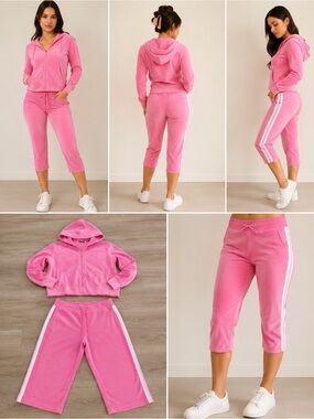 New York & Company Pink Y2K Tracksuit Matching Set Zip Up Jacket Capri Pants